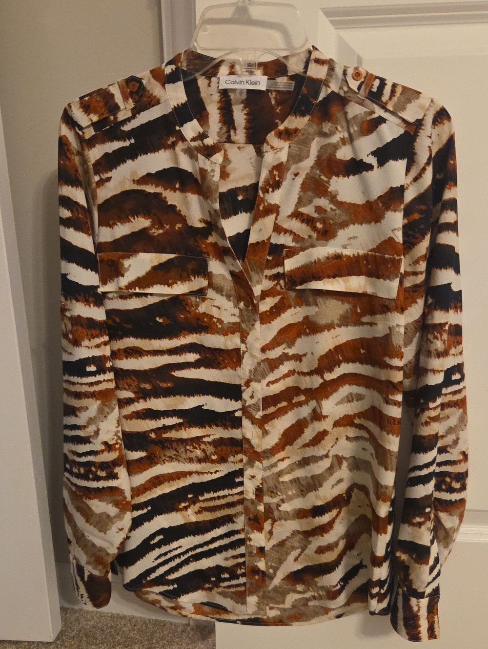 Calvin Klein Brown & Black Animal Print Button-Down Blouse - Small